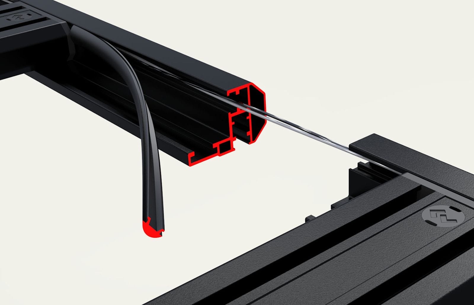 Cutaway of a Slimline 3 rail with a cable routed inside it
