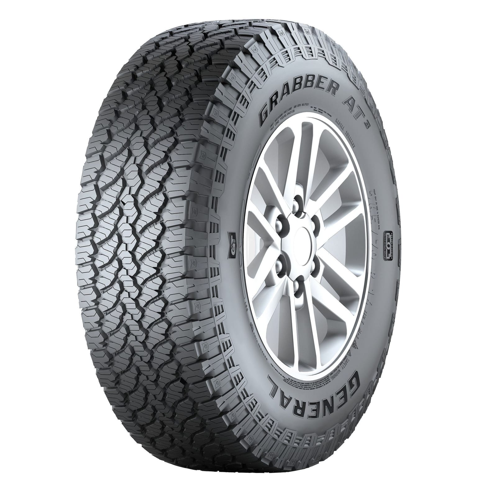 A General Grabber AT3 all-terrain tyre on a silver alloy wheel against a white background