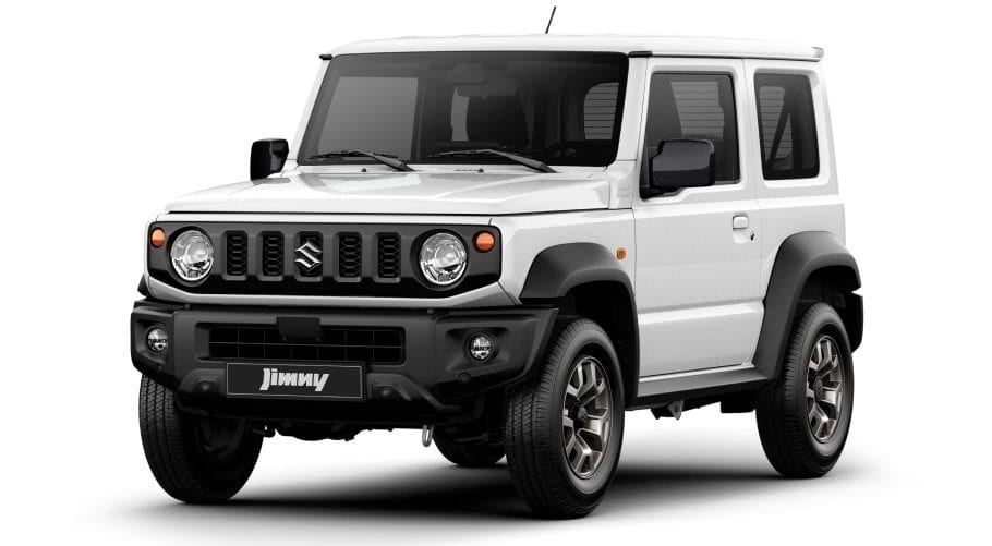 A standard white Suzuki Jimny 3-door on a white background, showing its factory wheels, tyres and black plastic front bumper