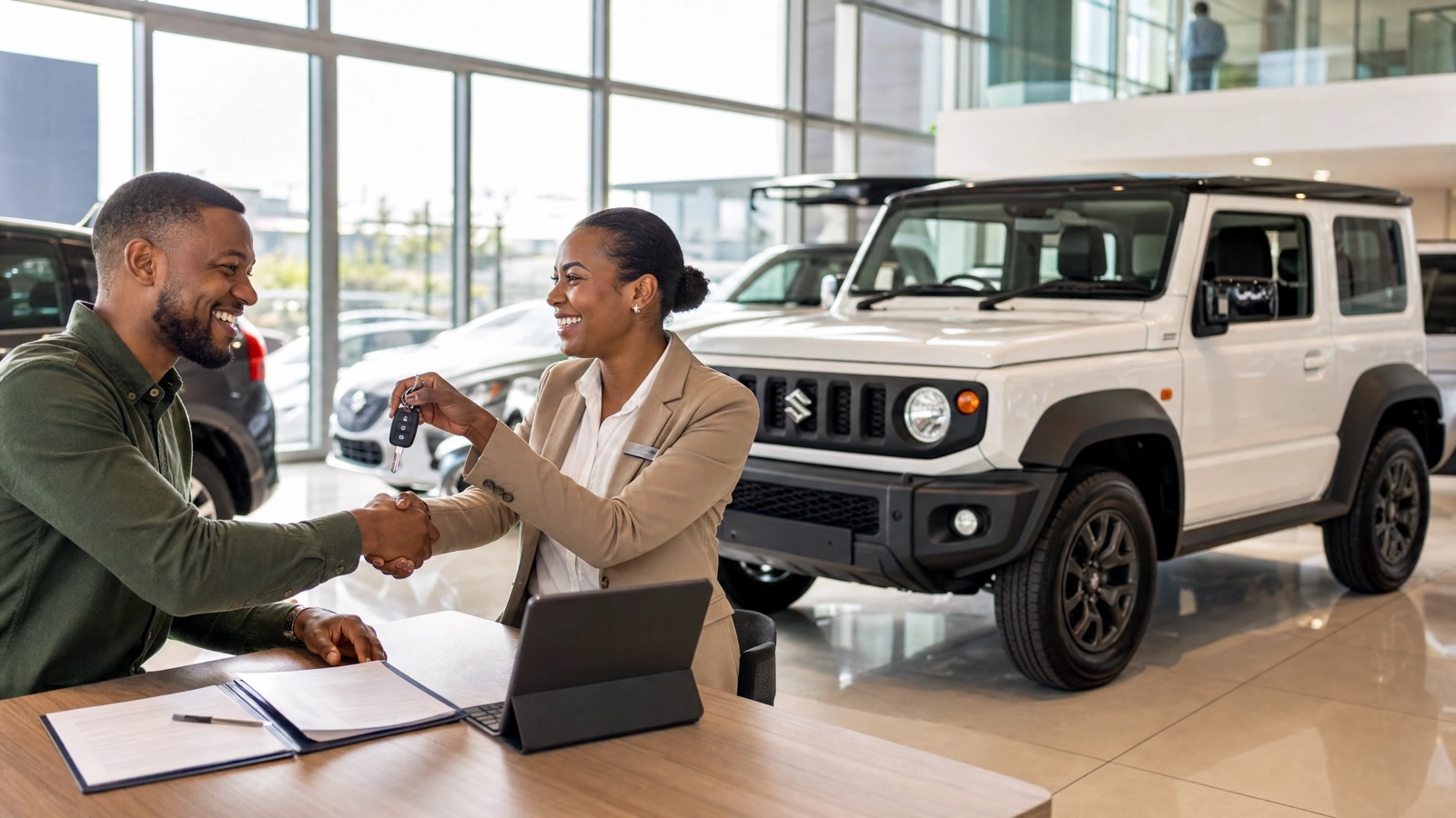 A customer shaking hands and receiving the keys to a new Suzuki Jimny in a South African dealership showroom