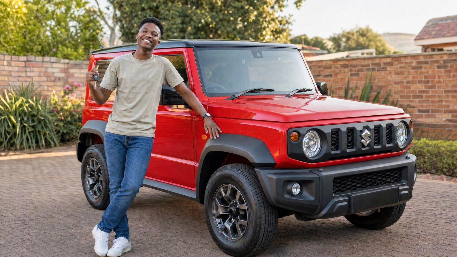 Young South African driver holding the keys to their first car, a red 3-door Suzuki Jimny, in a suburban driveway