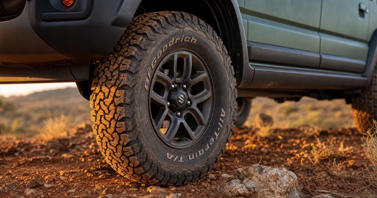 A Suzuki Jimny fitted with all-terrain tyres on a South African gravel road