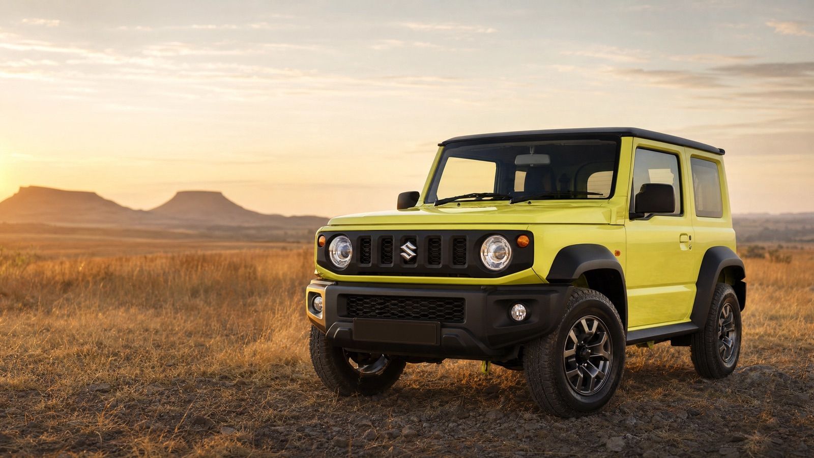 Current fourth-generation Suzuki Jimny 3-door in the South African landscape at golden hour
