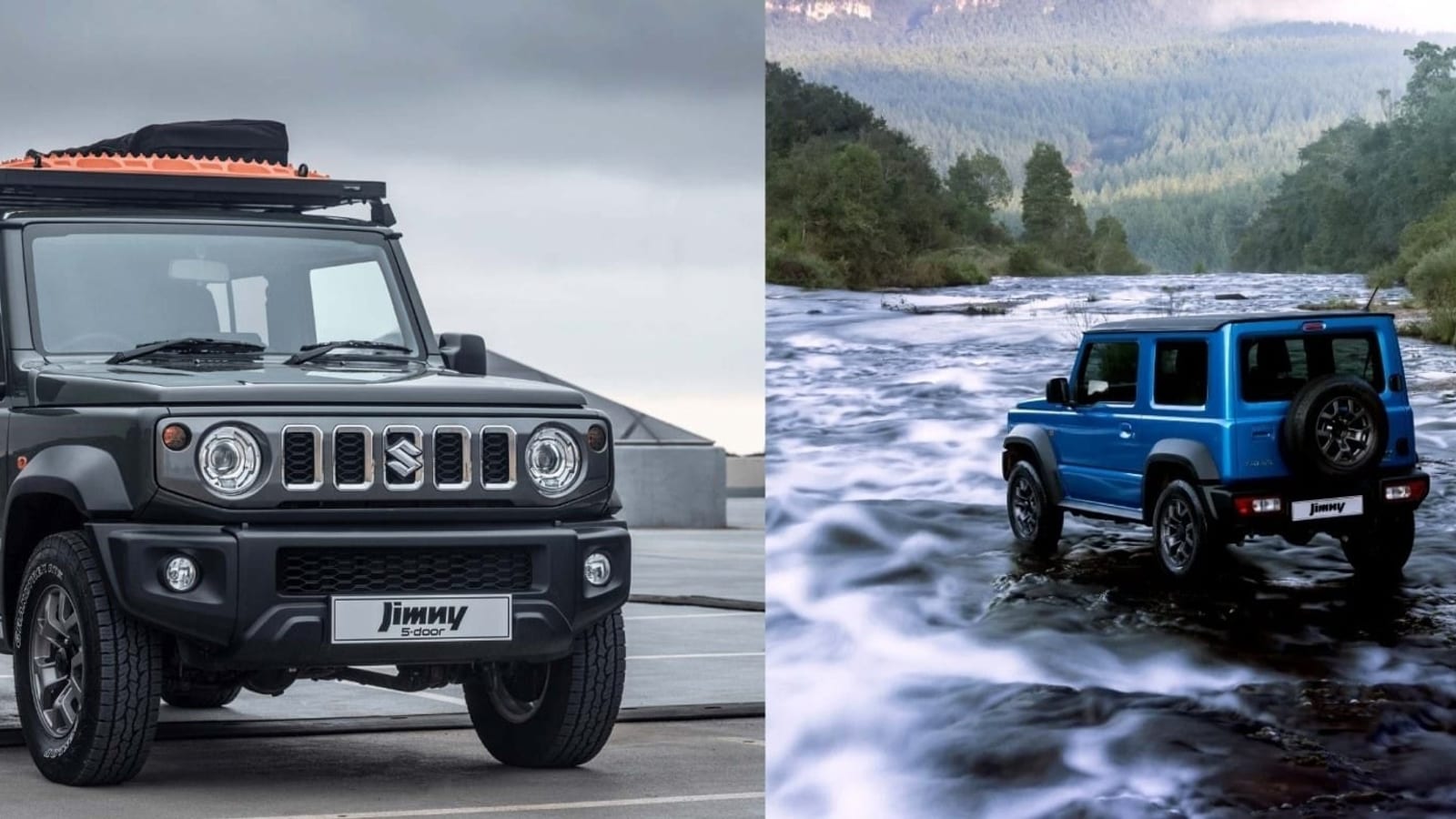A dark grey Suzuki Jimny 5-door with a loaded roof rack on the left, and a blue Jimny 3-door crossing a river on the right