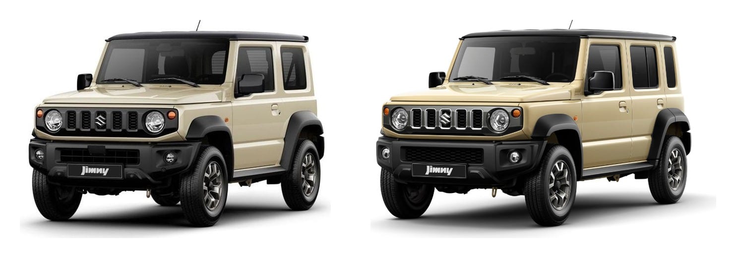 Two Suzuki Jimnys in the same ivory colour with black roofs, a 3-door on the left and a 5-door on the right, on a white background