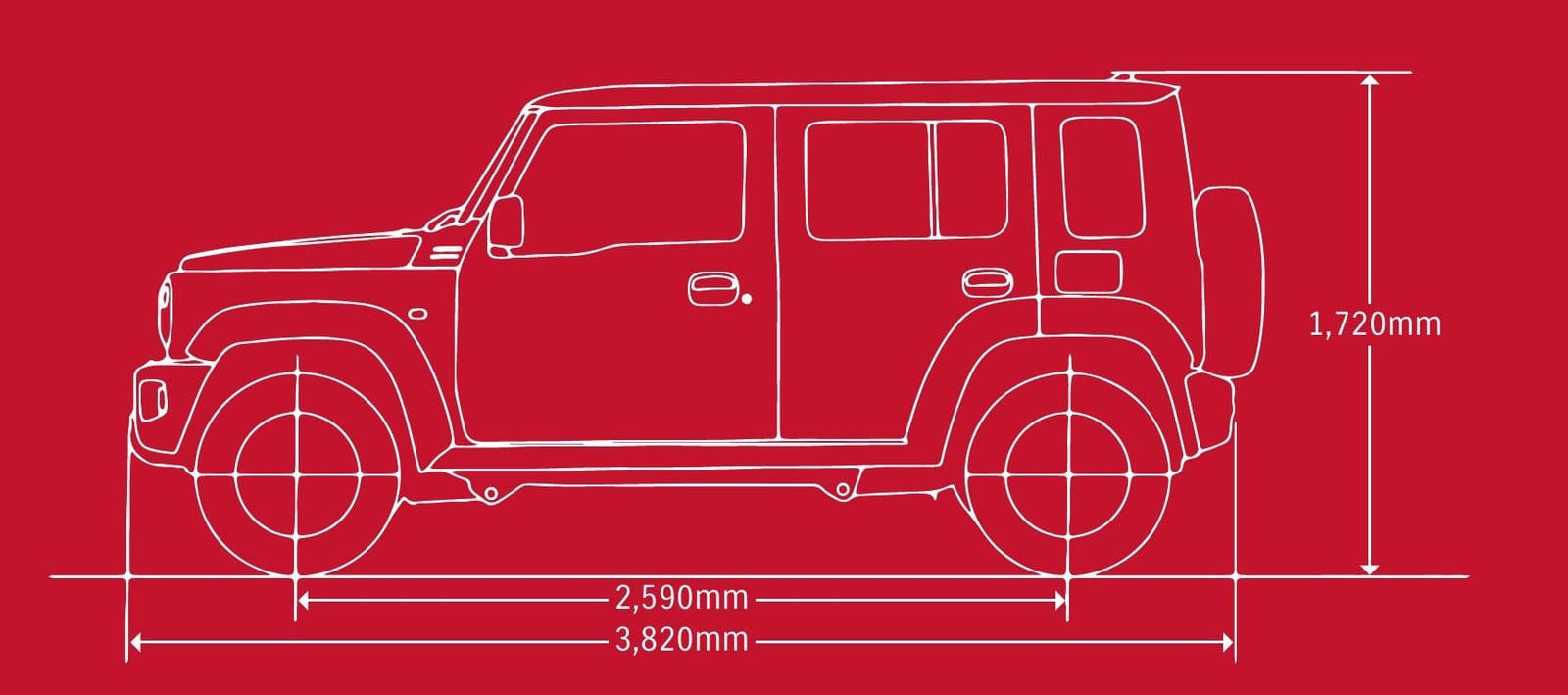 A white line drawing of the Suzuki Jimny 5-door from the side on a red background, marked 2,590 mm between the wheels and 3,820 mm long