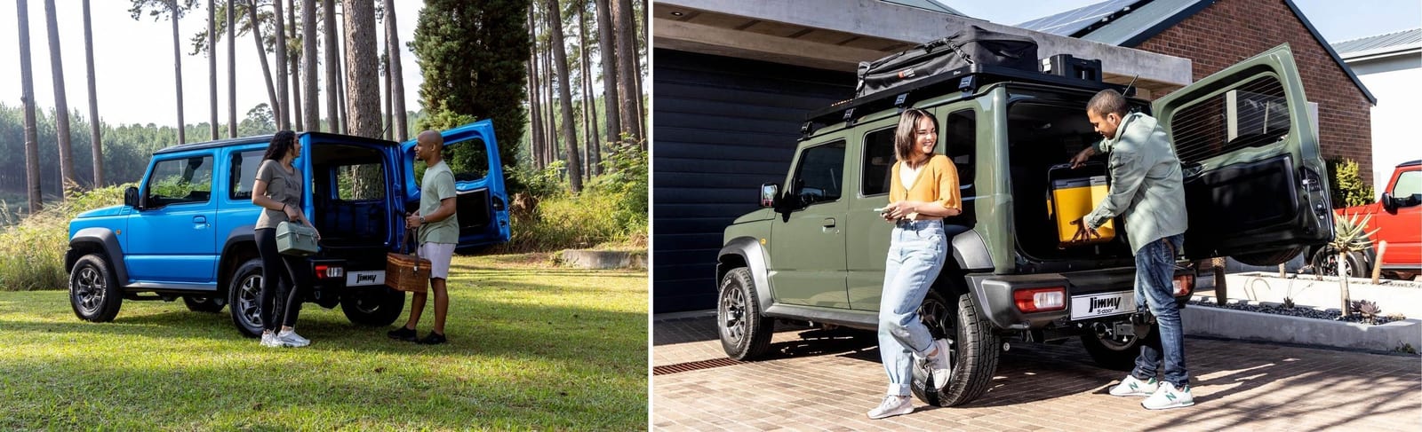 Left, a couple loading a picnic basket into the back of a blue Jimny 3-door among pine trees. Right, a man loading a yellow cooler box into a green Jimny 5-door in a driveway