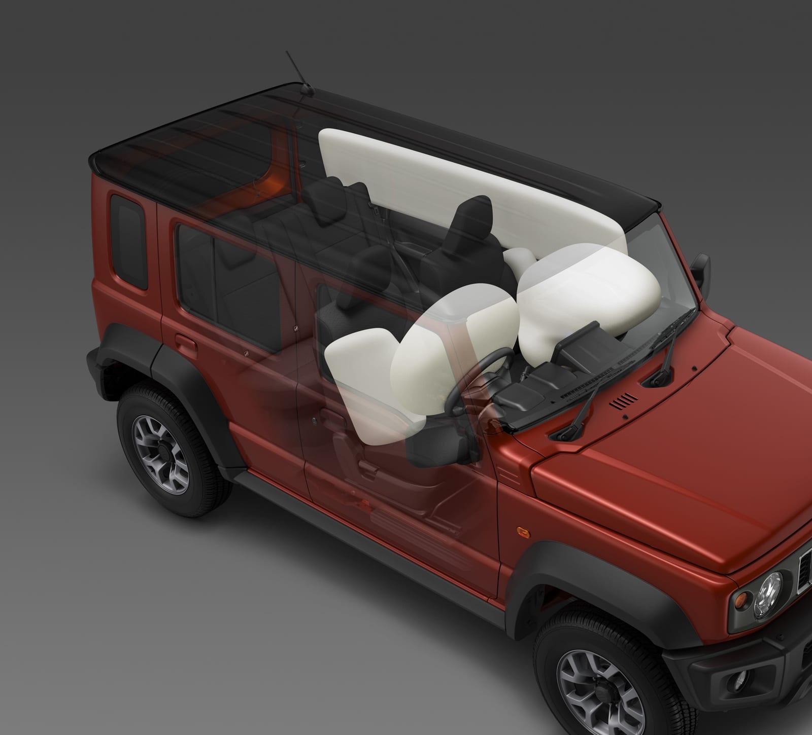 A see-through drawing of a red Jimny 5-door with six white airbags open: two in front, two in the seat sides and two curtains along the windows