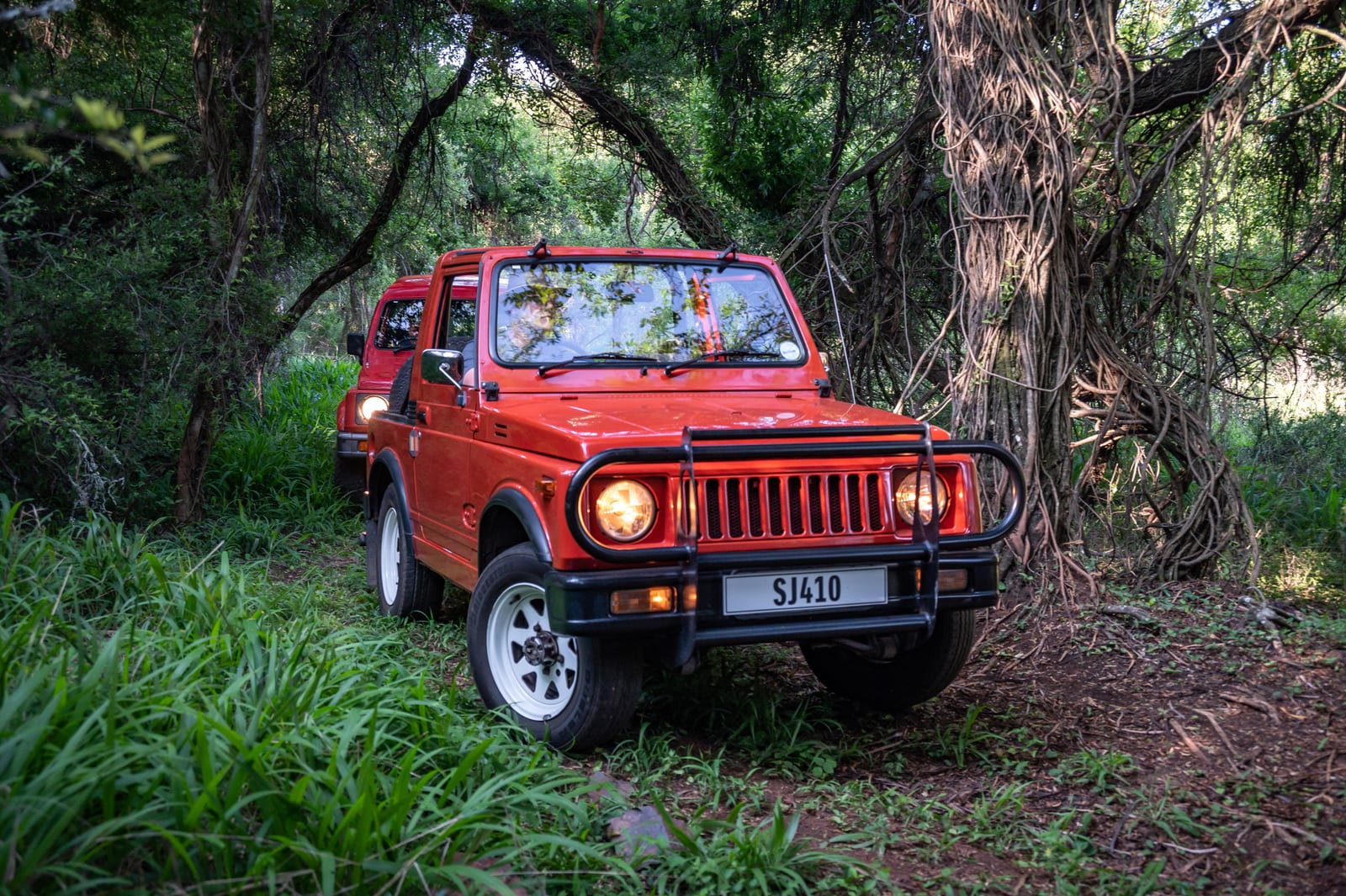 A red Suzuki SJ410 soft-top with a nudge bar, parked in green bush beside a large tree
