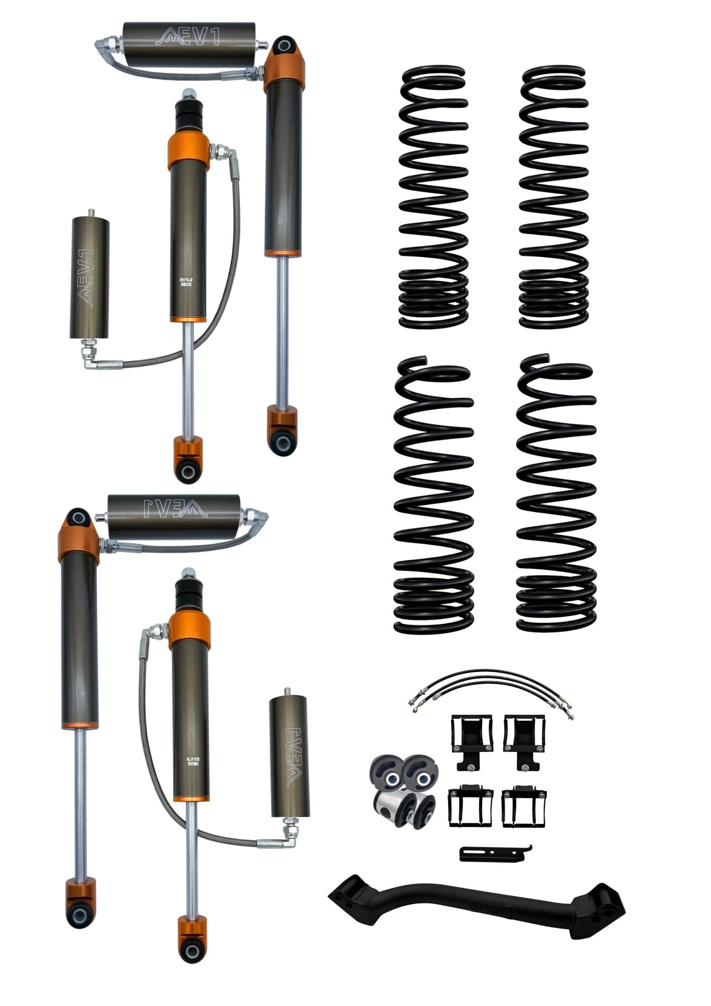 A Des Sol 50 mm Jimny suspension kit laid out: four coil springs, four shocks with remote oil canisters and the fitting parts