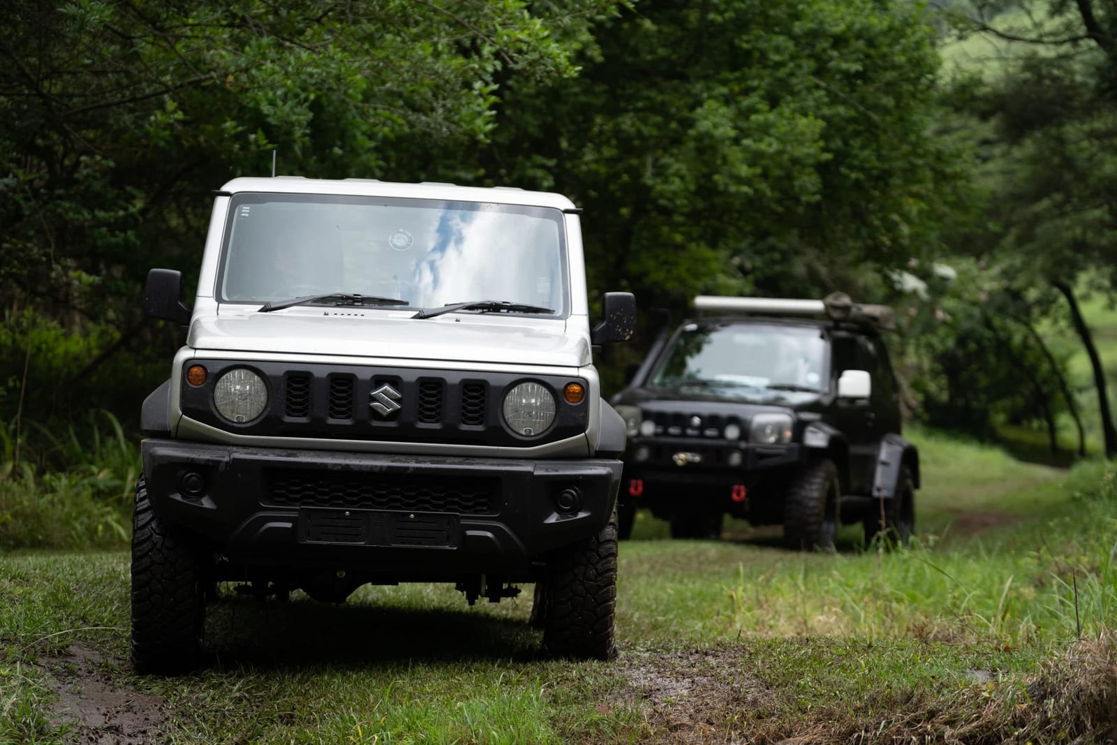 A silver current Suzuki Jimny 3-door head-on on a grassy trail, with a black older Jimny parked just behind it